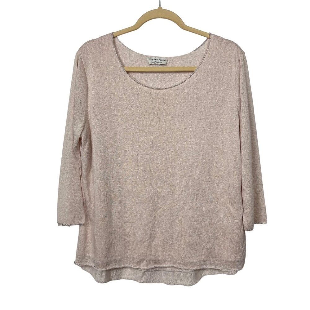Selected Touch Womens S/M Blush Pink 3/4 Sleeve Top Silver Trim Gauzy